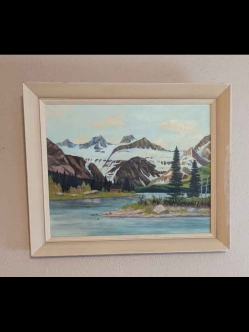 Vintage Canadian Rockies Mountain Lake Painting – Acrylic on Board – Cabin